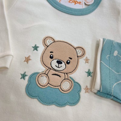 Conj. de Malha 3 peças - Bear Fofinho com Estrelinhas - Verde Menta e Gelo